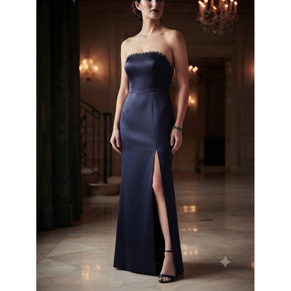 VTG Roberta Navy Blue Strapless Evening Gown Formal Dress Elegant Classic 9/10